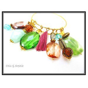 Gold Charm Bangles Green Brown Blue Jewel Bracelet